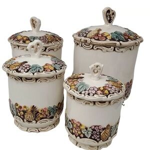 Vintage Lefton Della Robia Robbia Ceramic Canisters Fruit 3487 Japan Set Of 4